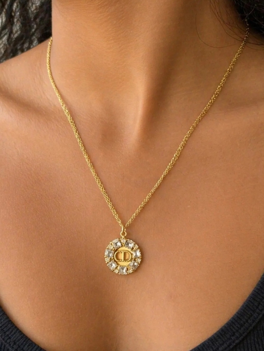 Christian Siriano Gold Crystal Halo Logo Pendant Necklace